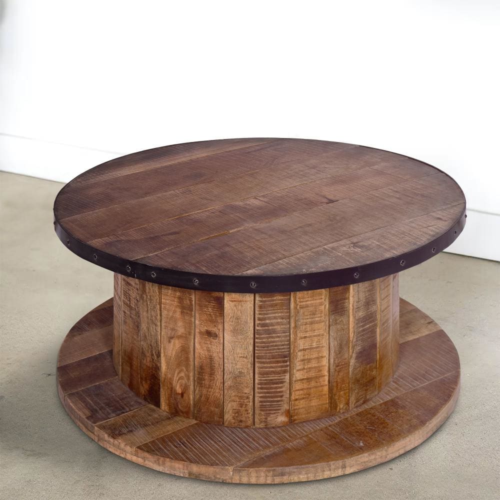 36 Inch Mango Wood Farmhouse Coffee Table with Rustic Plank Style Round Top and Base Walnut and Natural Brown By The Urban Port UPT-272532