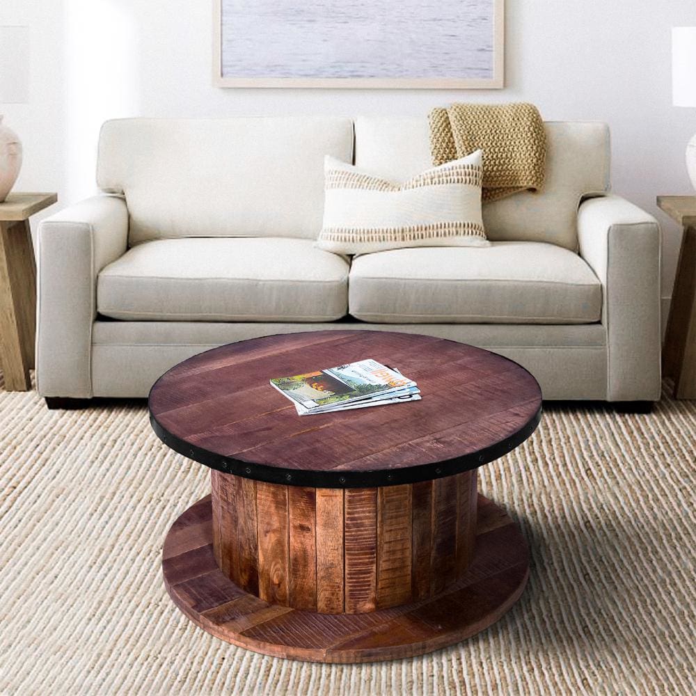 36 Inch Mango Wood Farmhouse Coffee Table with Rustic Plank Style Round Top and Base, Walnut and Natural Brown By The Urban Port