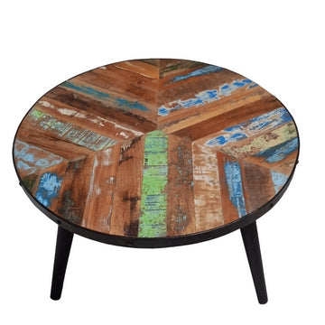 17 Inch Industrial Side Table Reclaimed Wood Round Multi Tone Top Iron Trim Brown Black By The Urban Port UPT-272533