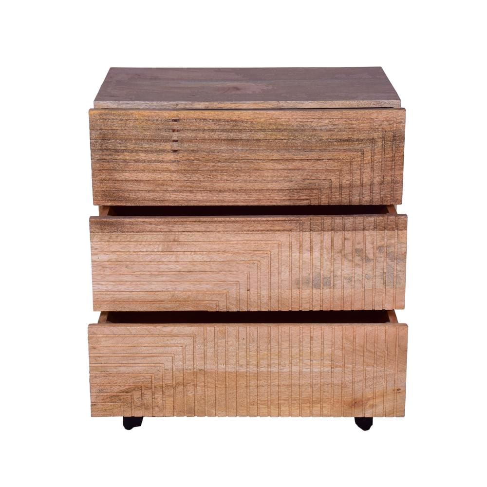Kai 30.5 Inch Mango Wood Chest Cabinet with 3 Drawers and Embossed Geometric Design Natural Brown By The Urban Port UPT-272534