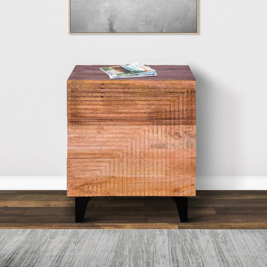 Kai 30.5 Inch Mango Wood Chest Cabinet with 3 Drawers and Embossed Geometric Design, Natural Brown By The Urban Port