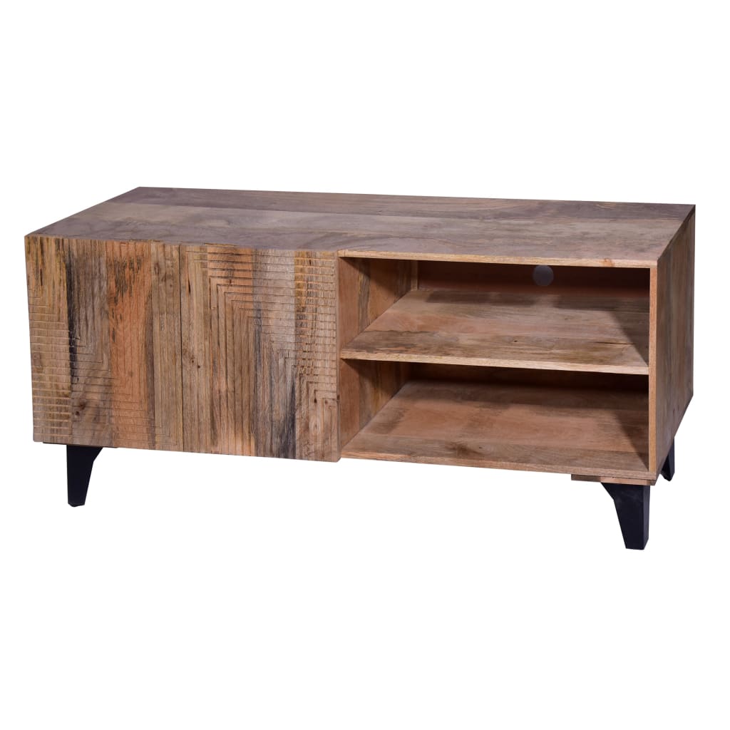 Kai 55 Inch Mango Wood TV Media Console with 2 Doors and Embossed Geometric Design Natural Brown By The Urban Port UPT-272535