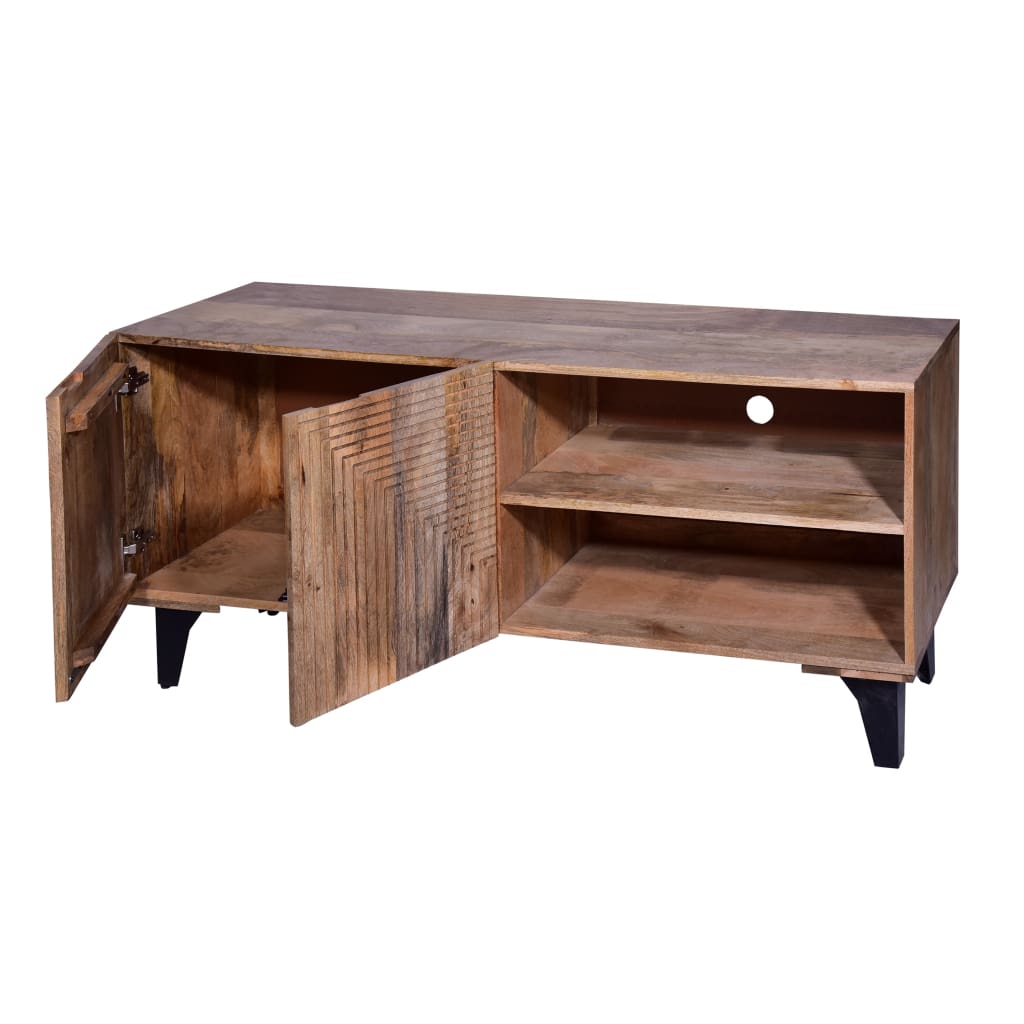 Kai 55 Inch Mango Wood TV Media Console with 2 Doors and Embossed Geometric Design Natural Brown By The Urban Port UPT-272535