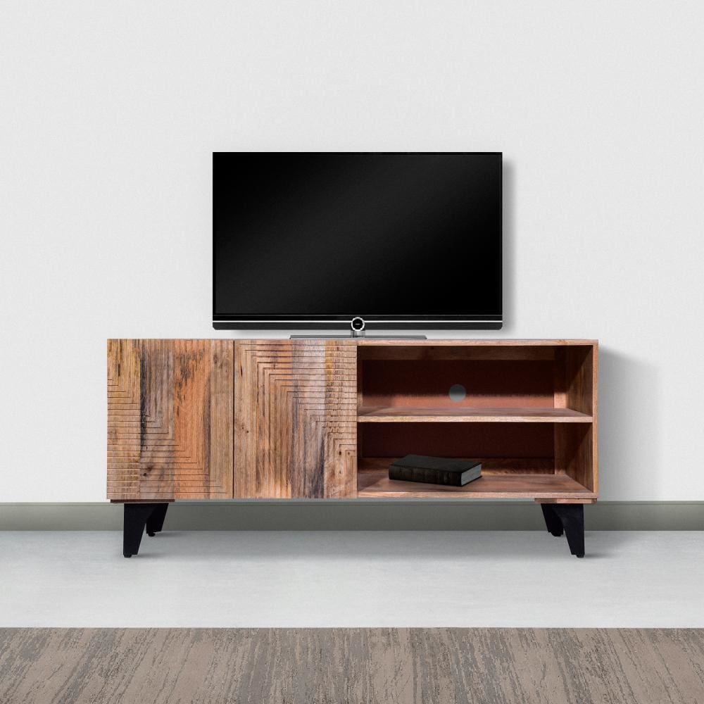Kai 55 Inch Mango Wood TV Media Console with 2 Doors and Embossed Geometric Design, Natural Brown By The Urban Port