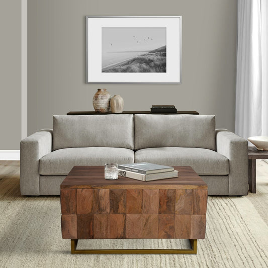 33 Inch Lift Top Storage Trunk Coffee Table, Square, Mango Wood, Natural Brown By The Urban Port