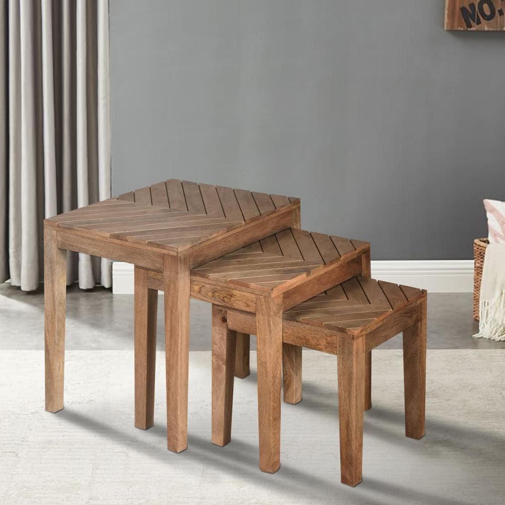 20 17 14 Inch 3 Piece Mango Wood Rectangular Nesting Table Set with Inlaid Herringbone Design Natural Brown By The Urban Port UPT-272539