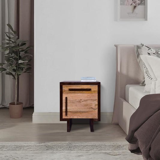 18.5 Inch Single Modern Contemporary Style Mango Wood Nightstand Side Table with 1 Drawer and Door, Cafe and Natural Brown By The Urban Port