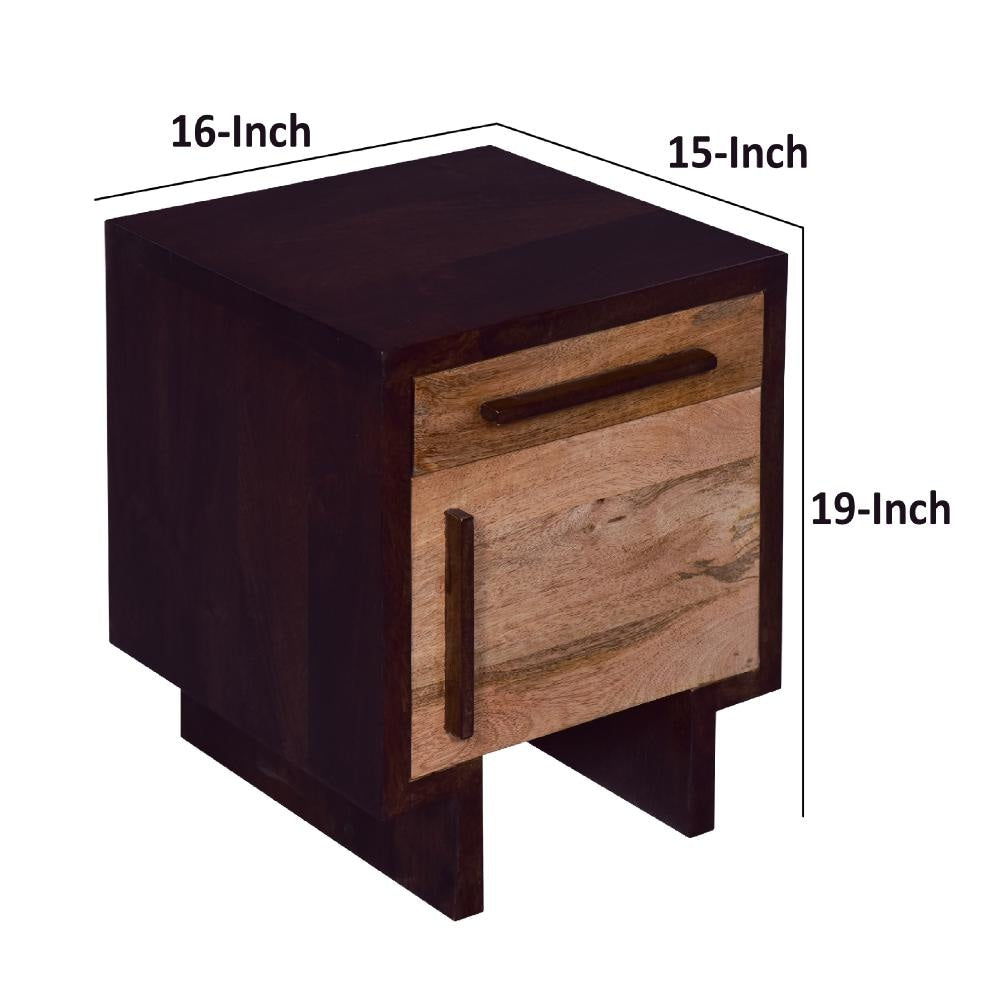 18.5 Inch Single Modern Contemporary Style Mango Wood Nightstand Side Table with 1 Drawer and Door Cafe and Natural Brown By The Urban Port