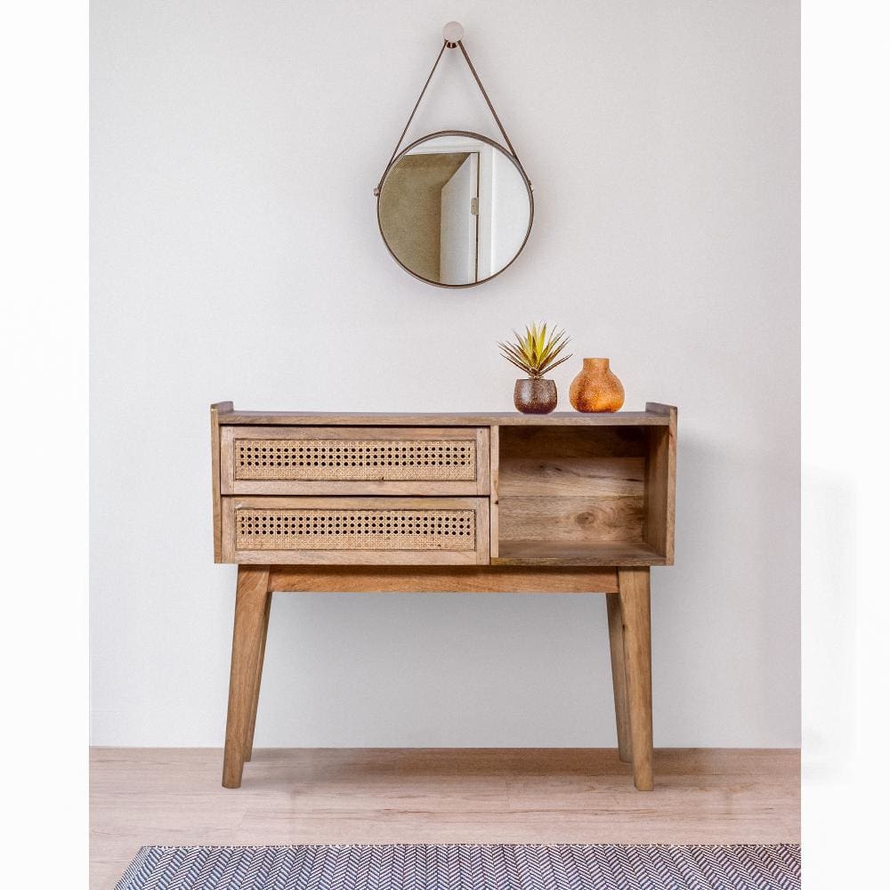 Ryan 35 Inch Cottage Style 2 Drawer Mango Wood Rectangular Console Table Cane Rattan Panels Natural Brown By The Urban Port UPT-272542