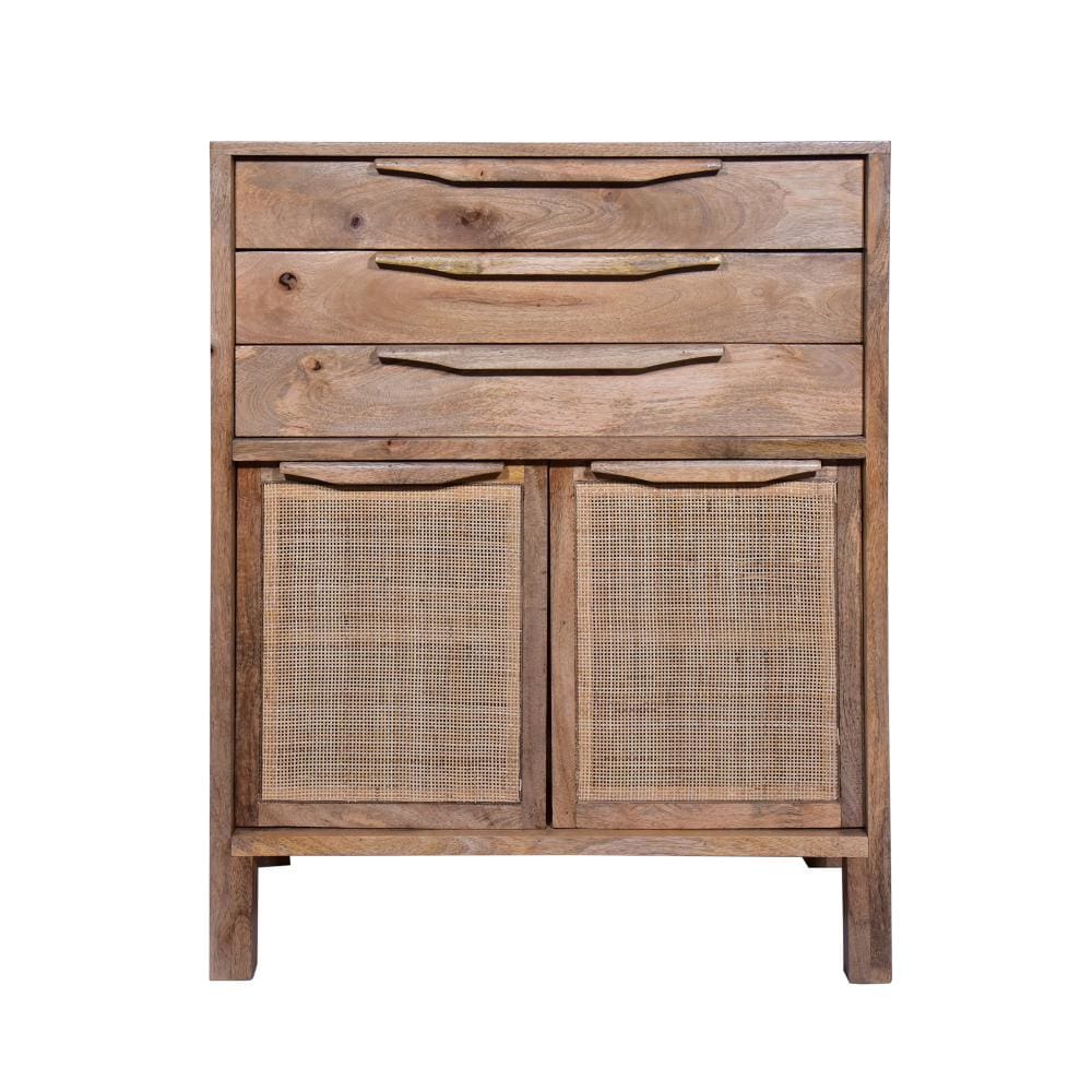 Ryan 40 Inch Cottage Mango Wood Dresser Storage Cabinet, 3 Drawers, Cane Rattan Panels Doors, Natural Brown By The Urban Port