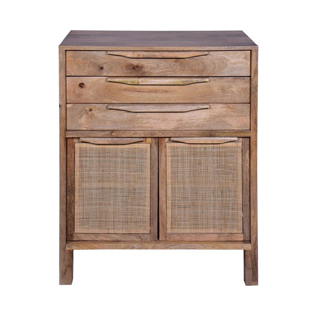Ryan 40 Inch Cottage Mango Wood Dresser Storage Cabinet 3 Drawers Cane Rattan Panels Doors Natural Brown By The Urban Port UPT-272543
