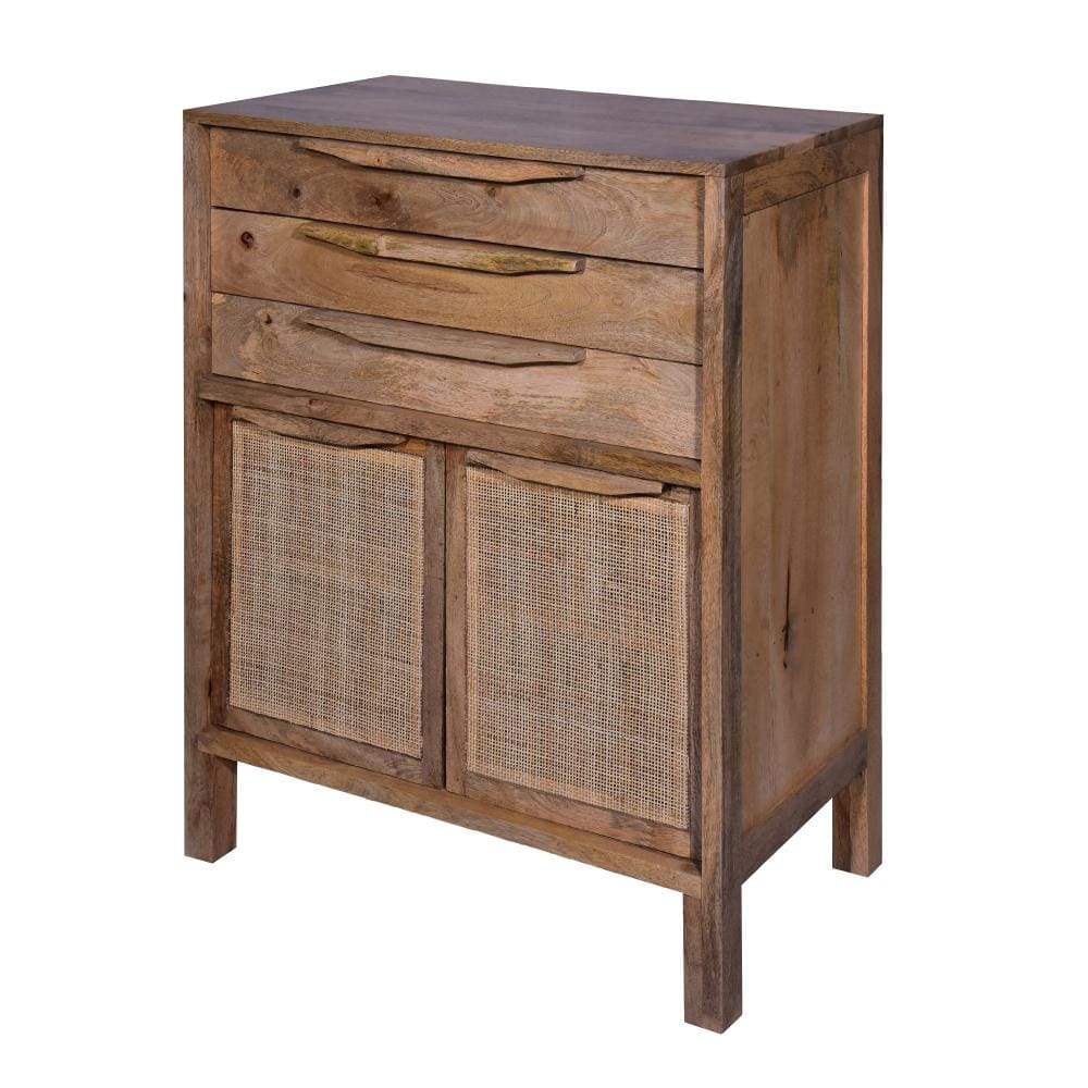 Ryan 40 Inch Cottage Mango Wood Dresser Storage Cabinet 3 Drawers Cane Rattan Panels Doors Natural Brown By The Urban Port UPT-272543