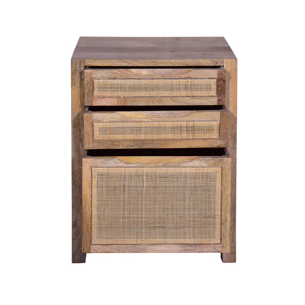 Ryan 31 Inch Cottage Mango Wood Storage Cabinet Table Cane Rattan Panels 3 Drawers Natural Brown By The Urban Port UPT-272544