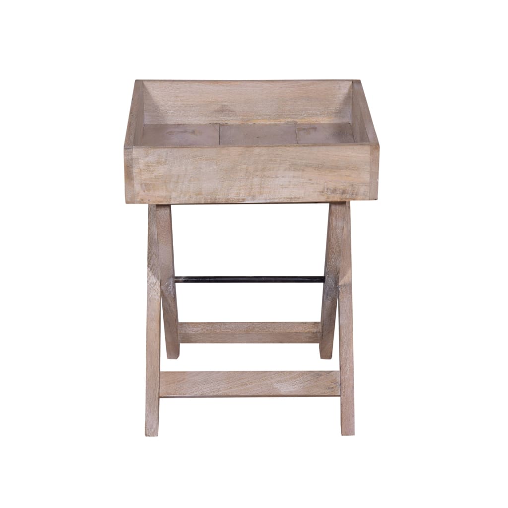 22 Inch Farmhouse Square Tray Top End Table, Mango Wood, X Shape Foldable Frame, Washed White By The Urban Port