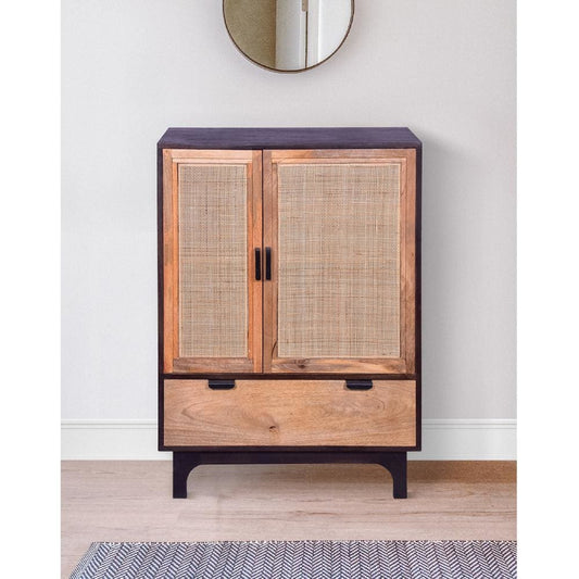 42 Inch Mango Wood Armoire Storage Cabinet, 2 Cane Rattan Woven Doors, 1 Drawer, Brown, Black By The Urban Port