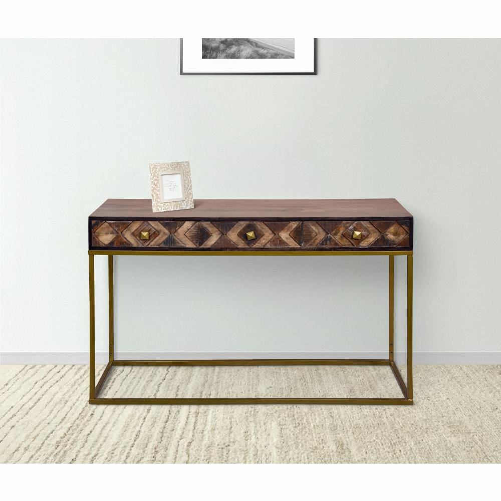 51 Inch 3 Drawer Mango Wood Console Table, Diamond Textured Panels, Metal Frame, Brown By The Urban Port