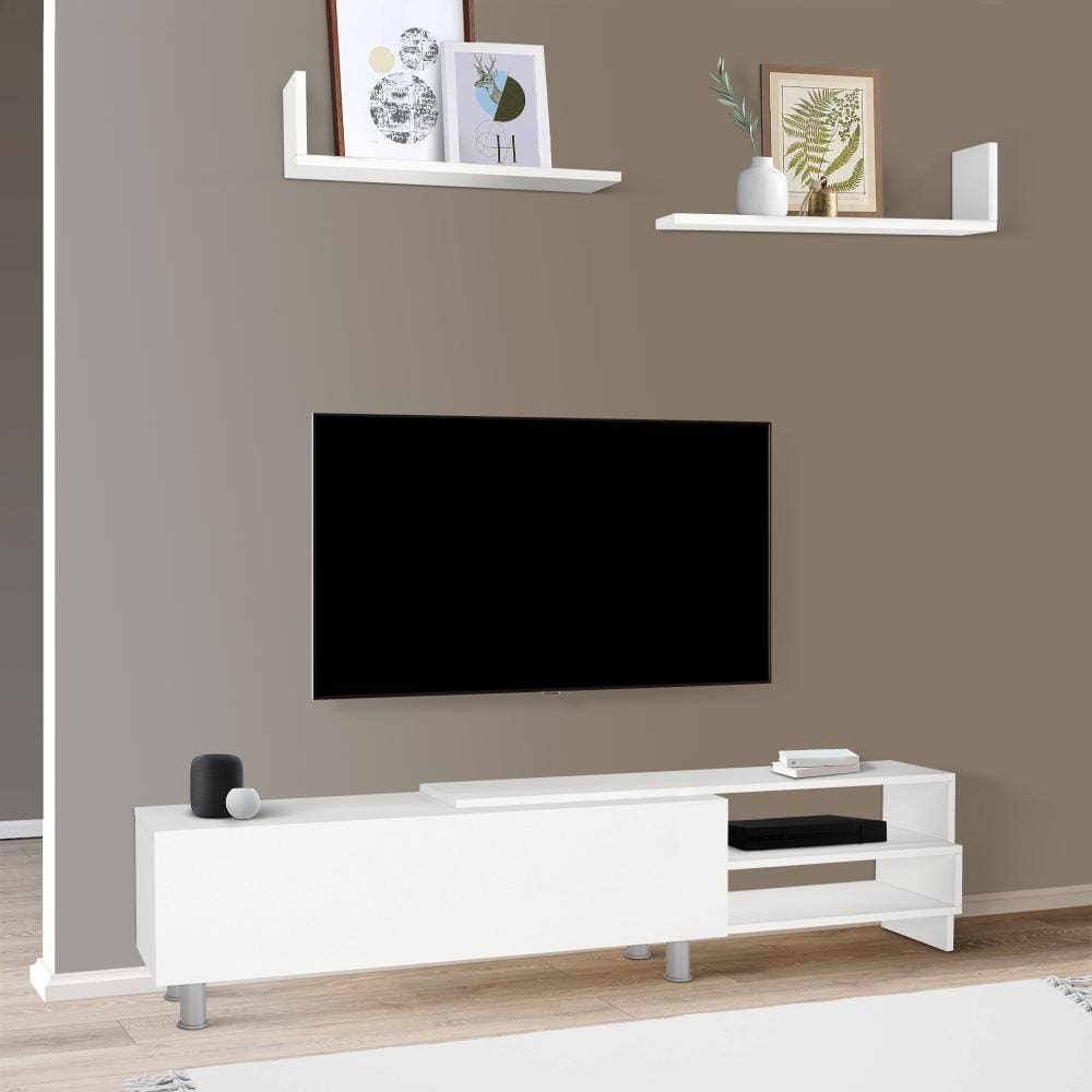 72 Inch Wood TV Console Entertainment Media Center with Storage 3 Piece Set, 2 Floating Wall Shelves, White By The Urban Port
