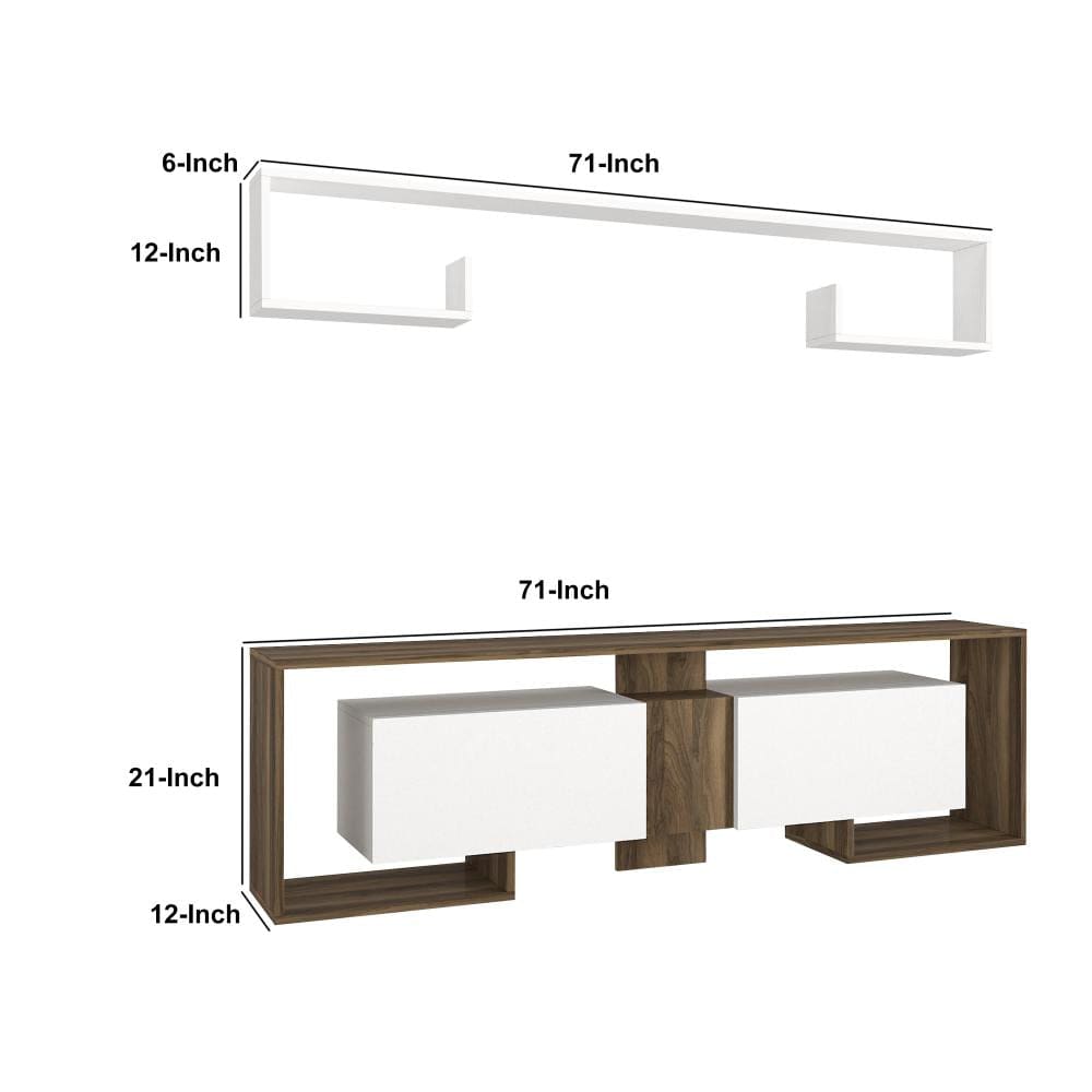 71 Inch Wooden TV Console Entertainment Media Center 2 Piece Set Wall Mounted Floating Shelf White Brown By The Urban Port UPT-272746