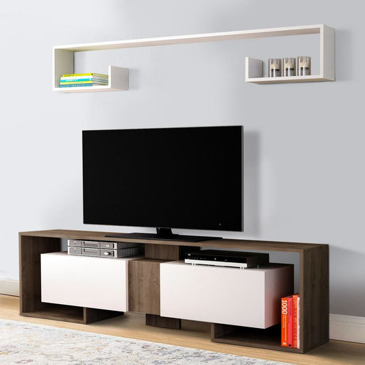 71 Inch Wooden TV Console Entertainment Media Center, 2 Piece Set, Wall Mounted Floating Shelf, White, Brown By The Urban Port