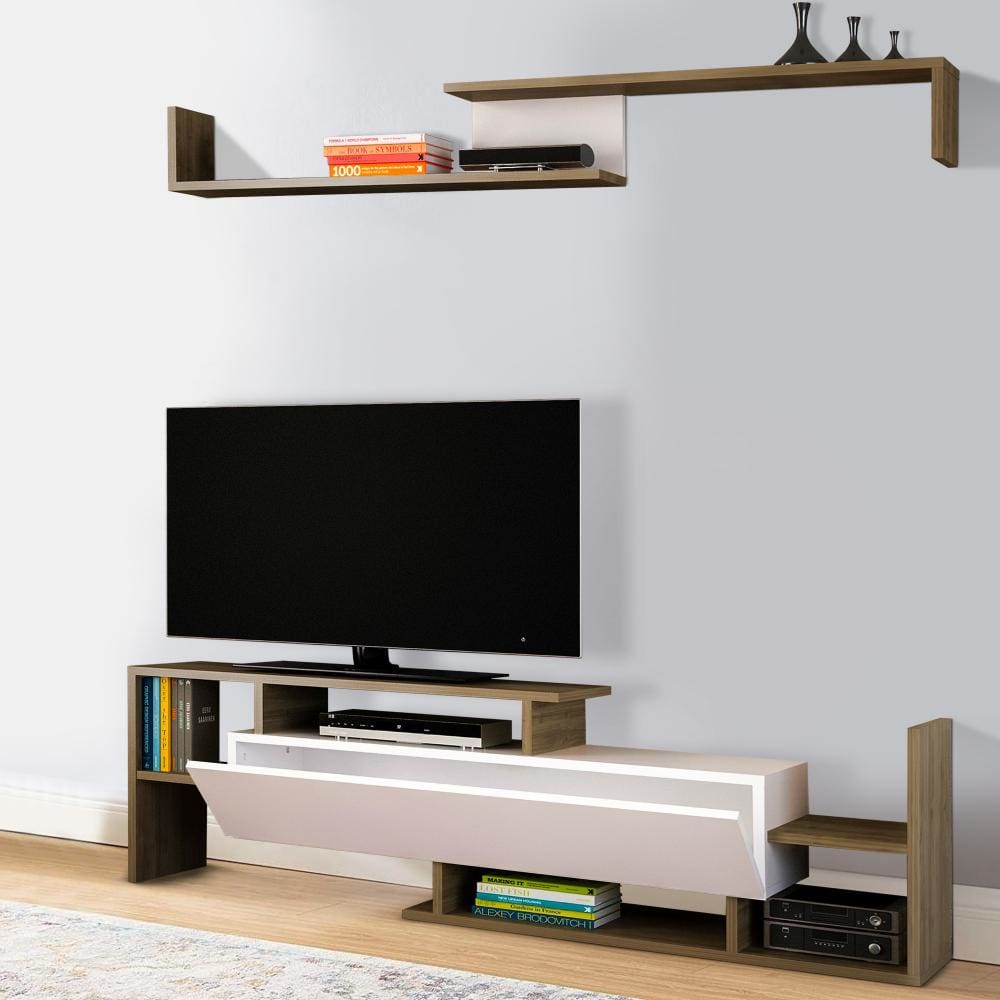 Seth 60 Inch Modern Wooden TV Console Entertainment Center with Floating Wall Shelf, 2 Piece Set, White and Brown By The Urban Port