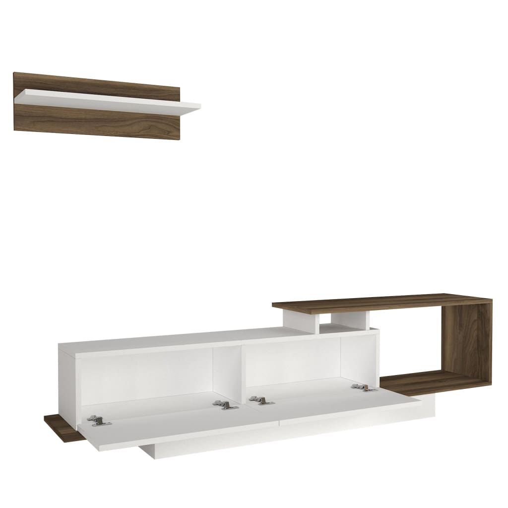 Seth 71 Inch Modern Wooden TV Console Entertainment Center with Floating Wall Shelf 2 Piece Set White and Brown By The Urban Port UPT-272749