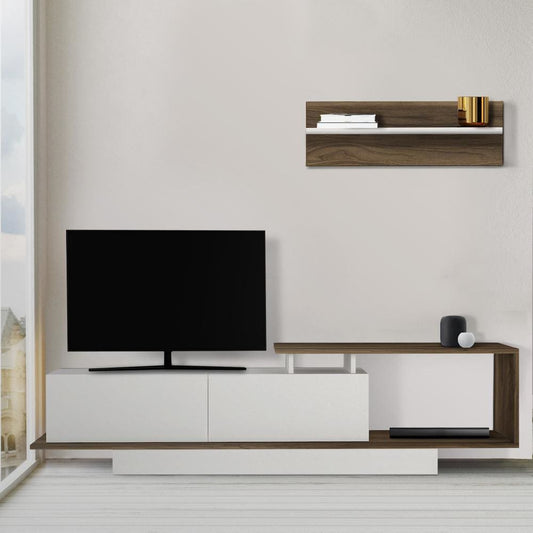 Seth 71 Inch Modern Wooden TV Console Entertainment Center with Floating Wall Shelf, 2 Piece Set, White and Brown By The Urban Port