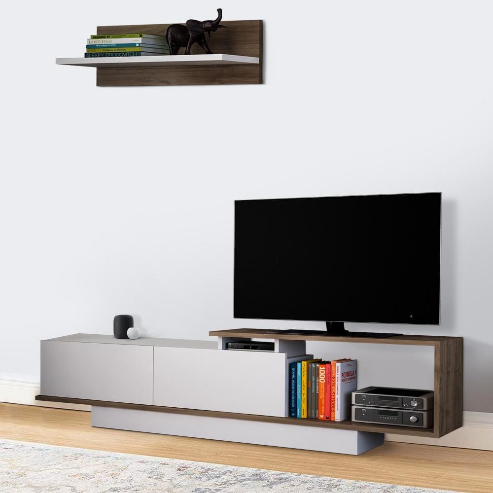 Seth 71 Inch Modern Wooden TV Console Entertainment Center with Floating Wall Shelf 2 Piece Set White and Brown By The Urban Port UPT-272749