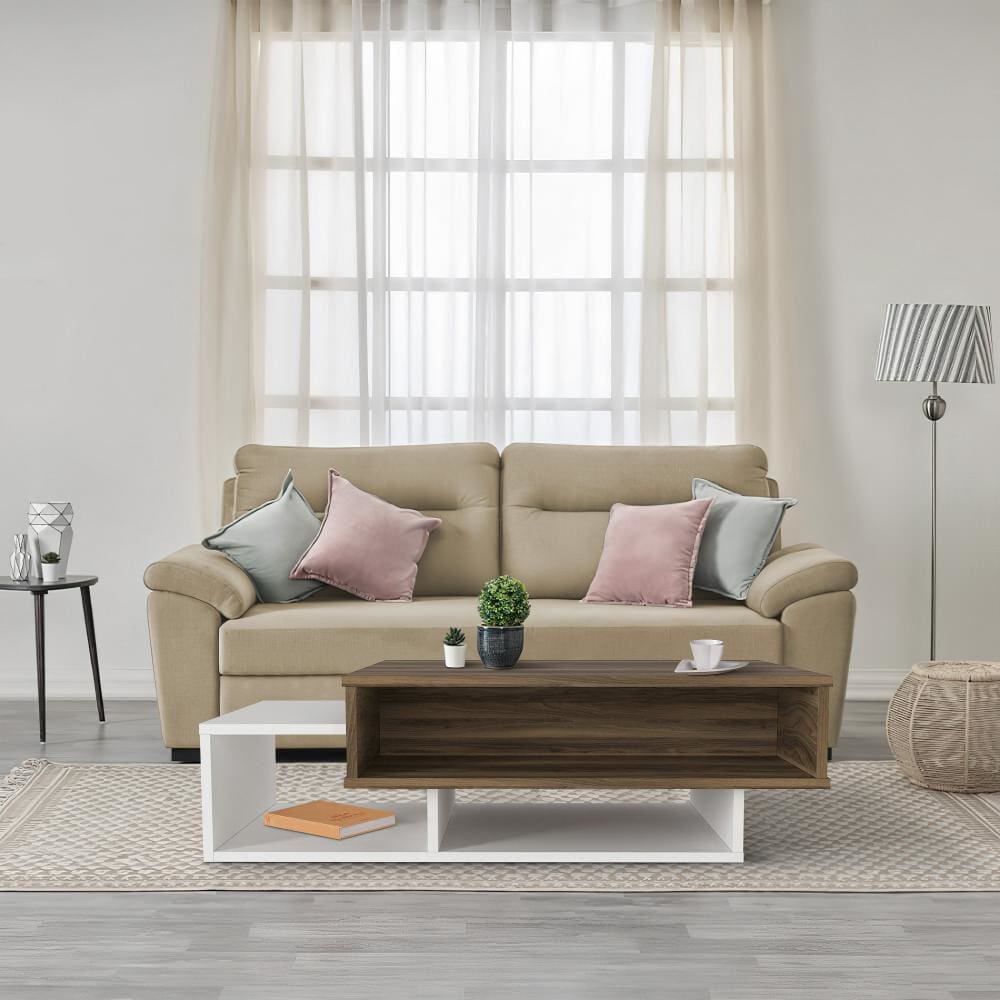 Belle 41 Inch Modern Wooden Rectangular Coffee Table with 3 Tier Storage, White and Brown By The Urban Port