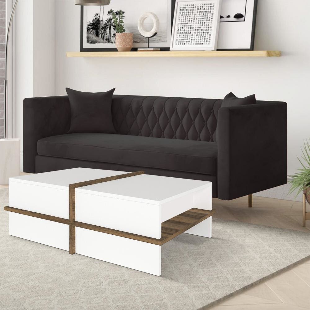 Belle 35 Inch Modern Wood Rectangular Coffee Table with Side Shelf White and Brown By The Urban Port UPT-272753