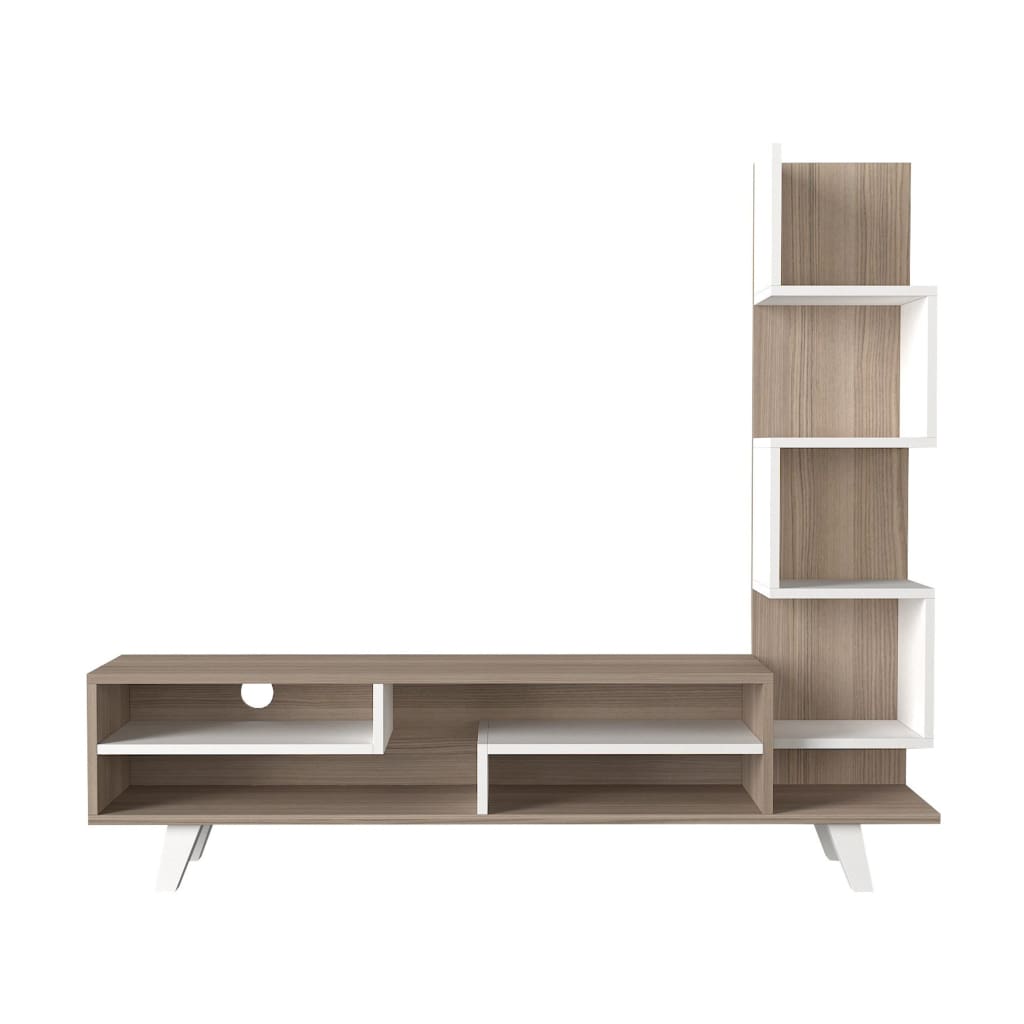 59 Inch Modern Wood TV Console Entertainment Center, Stacked Shelves, White and Oak Brown By The Urban Port