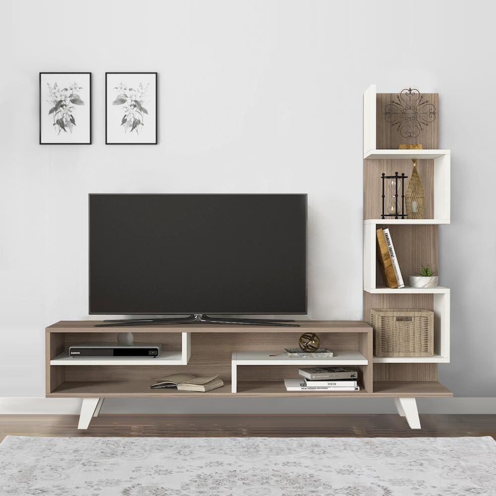 59 Inch Modern Wood TV Console Entertainment Center, Stacked Shelves, White and Oak Brown By The Urban Port
