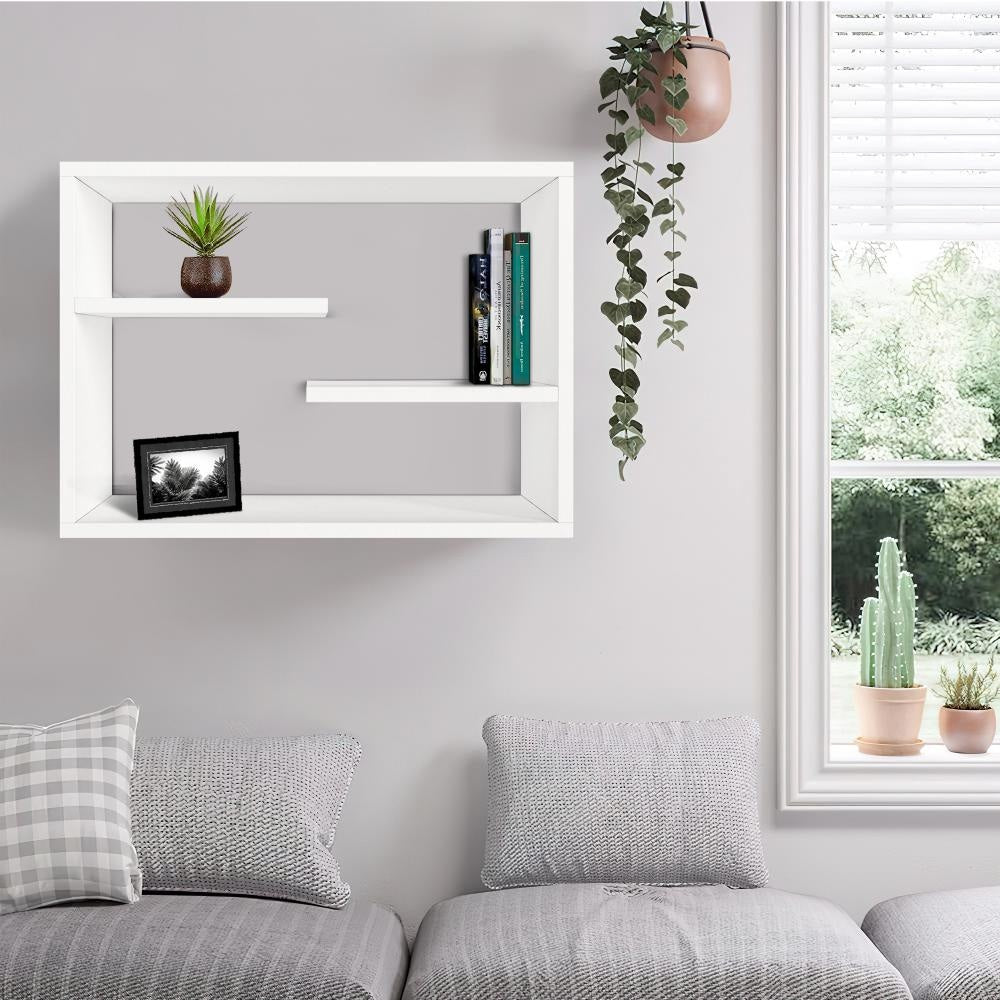24 Inch Decorative Rectangular Wood Floating Wall Shelf with 3 Tier Storage, White By The Urban Port