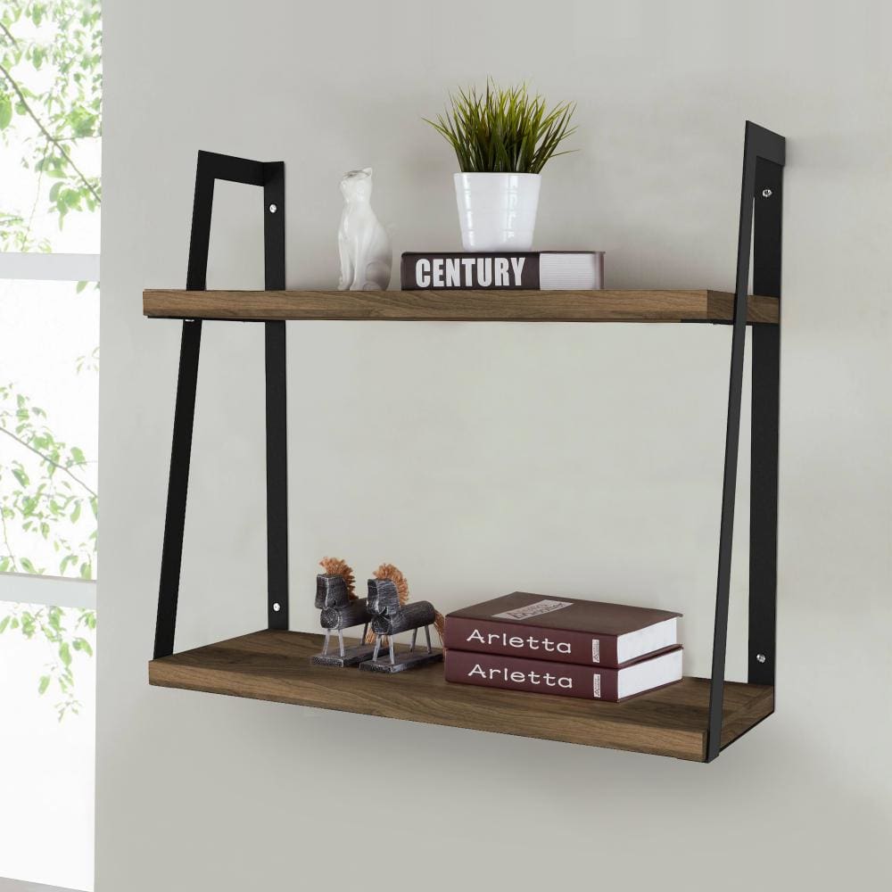 Joel 18 Inch Rectangular 2 Tier Wood Floating Wall Mount Shelf with Metal Frame Brown and Black By The Urban Port UPT-272760