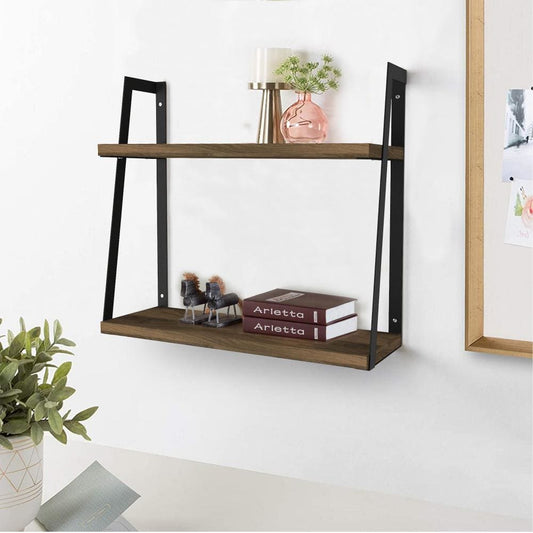 Joel 18 Inch Rectangular 2 Tier Wood Floating Wall Mount Shelf with Metal Frame, Brown and Black By The Urban Port