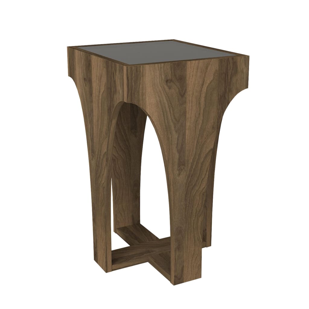 23 Inch Rectangular Glass Top Side Table, Chiseled Arch Panel Legs, Walnut, Smokey Black By The Urban Port