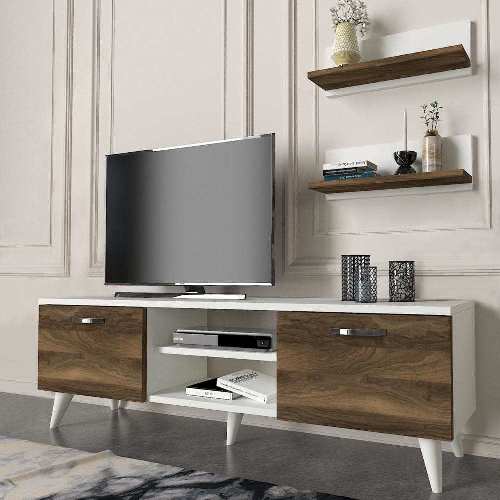 59 Inch Wood TV Console Entertainment Center, 2 Drop Down Doors, 2 Wall Shelves, Walnut, White By The Urban Port