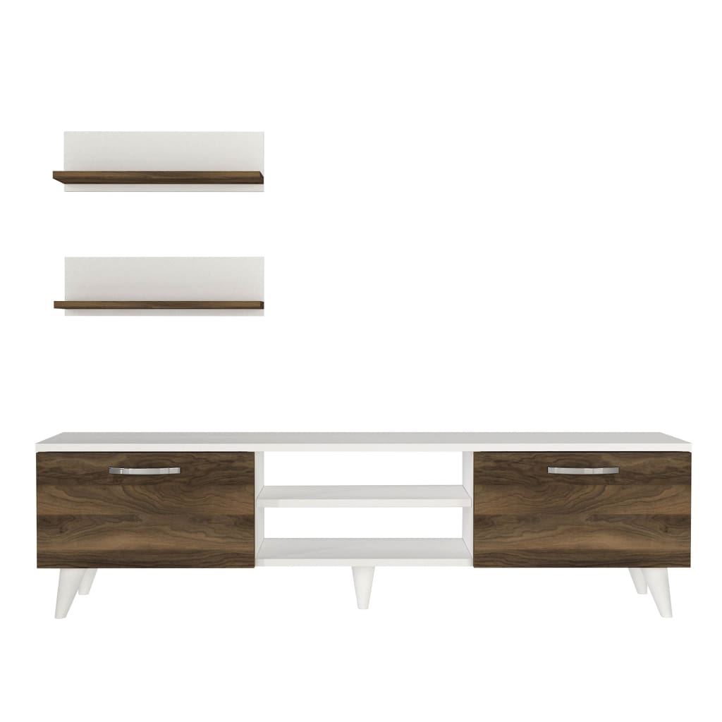 59 Inch Wood TV Console Entertainment Center, 2 Drop Down Doors, 2 Wall Shelves, Walnut, White By The Urban Port
