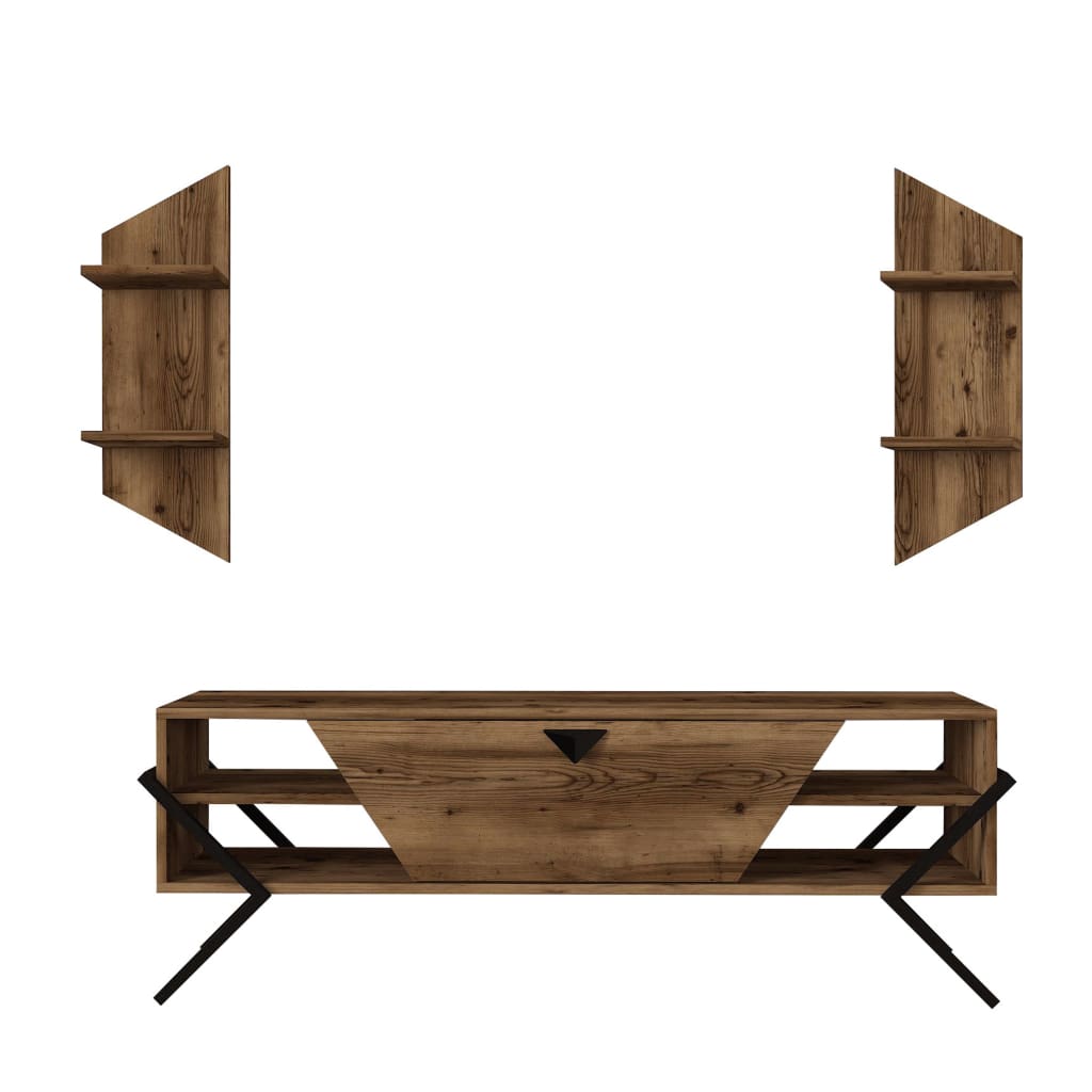55 Inch Wood TV Console Entertainment Center, 1 Drop Down Door, 2 Wall Shelves, Walnut, Black By The Urban Port