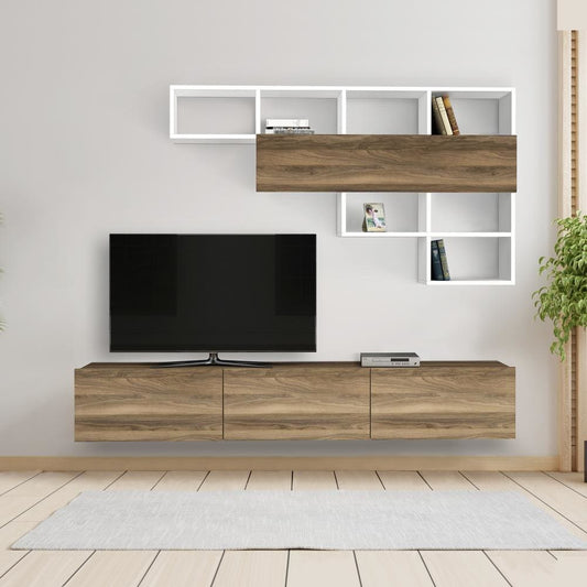 71 Inch Wall Mount TV Console Entertainment Cabinet, 3 Doors, 1 Floating Shelf, Light Walnut, White By The Urban Port