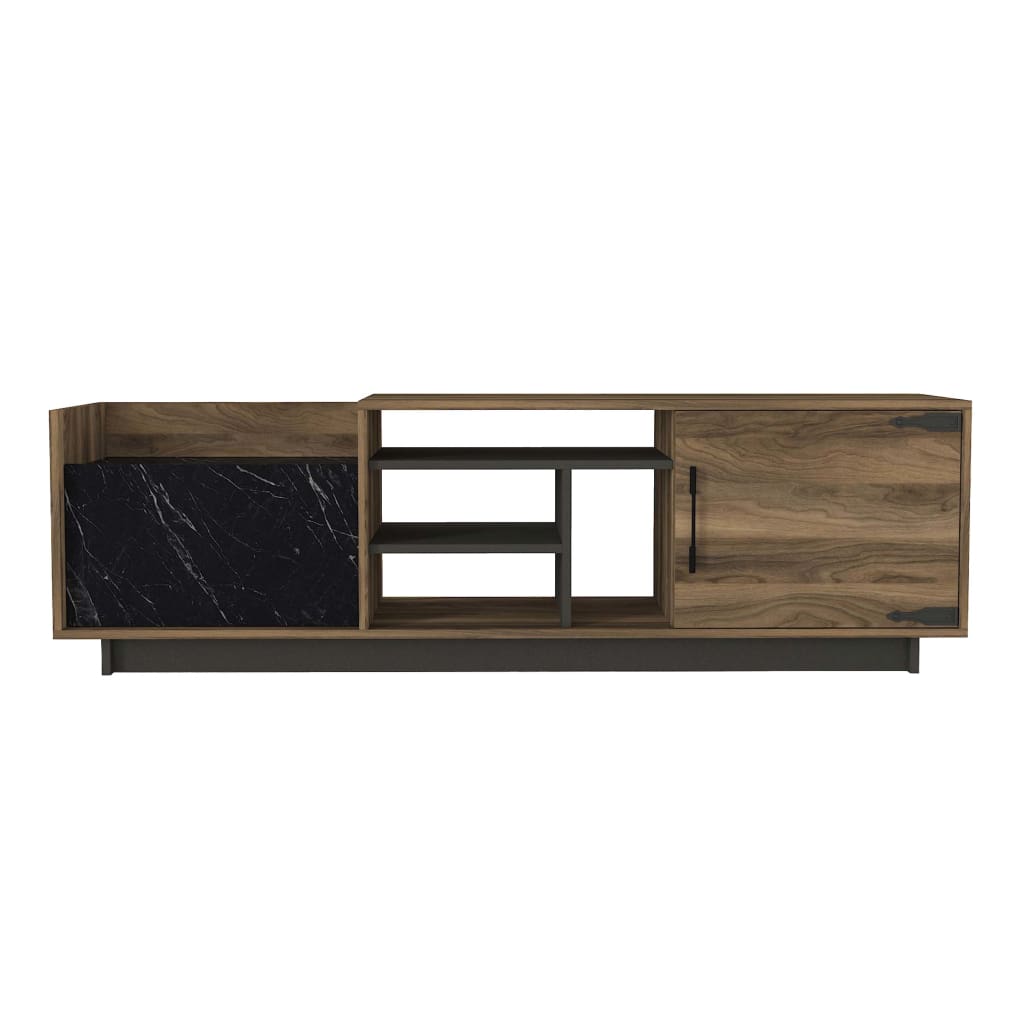 71 Inch Modern Wooden TV Console Cabinet, 2 Doors, 4 Open Compartments, Walnut and Black By The Urban Port
