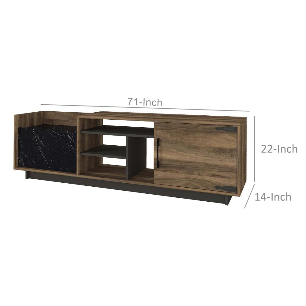 71 Inch Modern Wooden TV Console Cabinet 2 Doors 4 Open Compartments Walnut and Black By The Urban Port UPT-272765