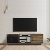 71 Inch Modern Wooden TV Console Cabinet, 2 Doors, 4 Open Compartments, Walnut and Black By The Urban Port