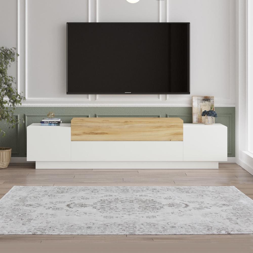Belle 63 Inch Wooden TV Console Entertainment Media Center 4 Drop Down Doors White Natural By The Urban Port UPT-272766