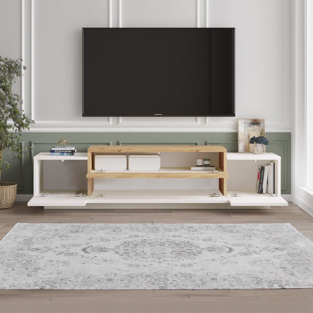 Belle 63 Inch Wooden TV Console Entertainment Media Center, 4 Drop Down Doors, White, Natural By The Urban Port