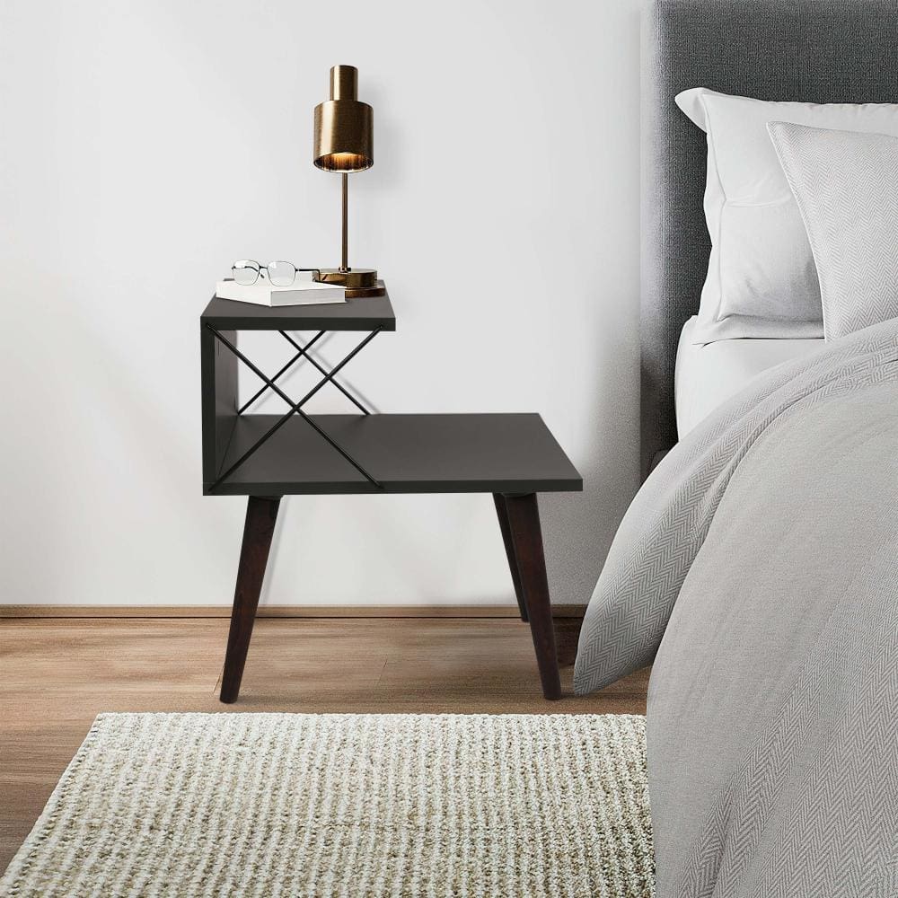 22 Inch Rectangular 2 Tier Wood Nightstand Side Table Crossed Metal Bar Frame Angled Legs Charcoal Gray Brown By The Urban Port UPT-272768