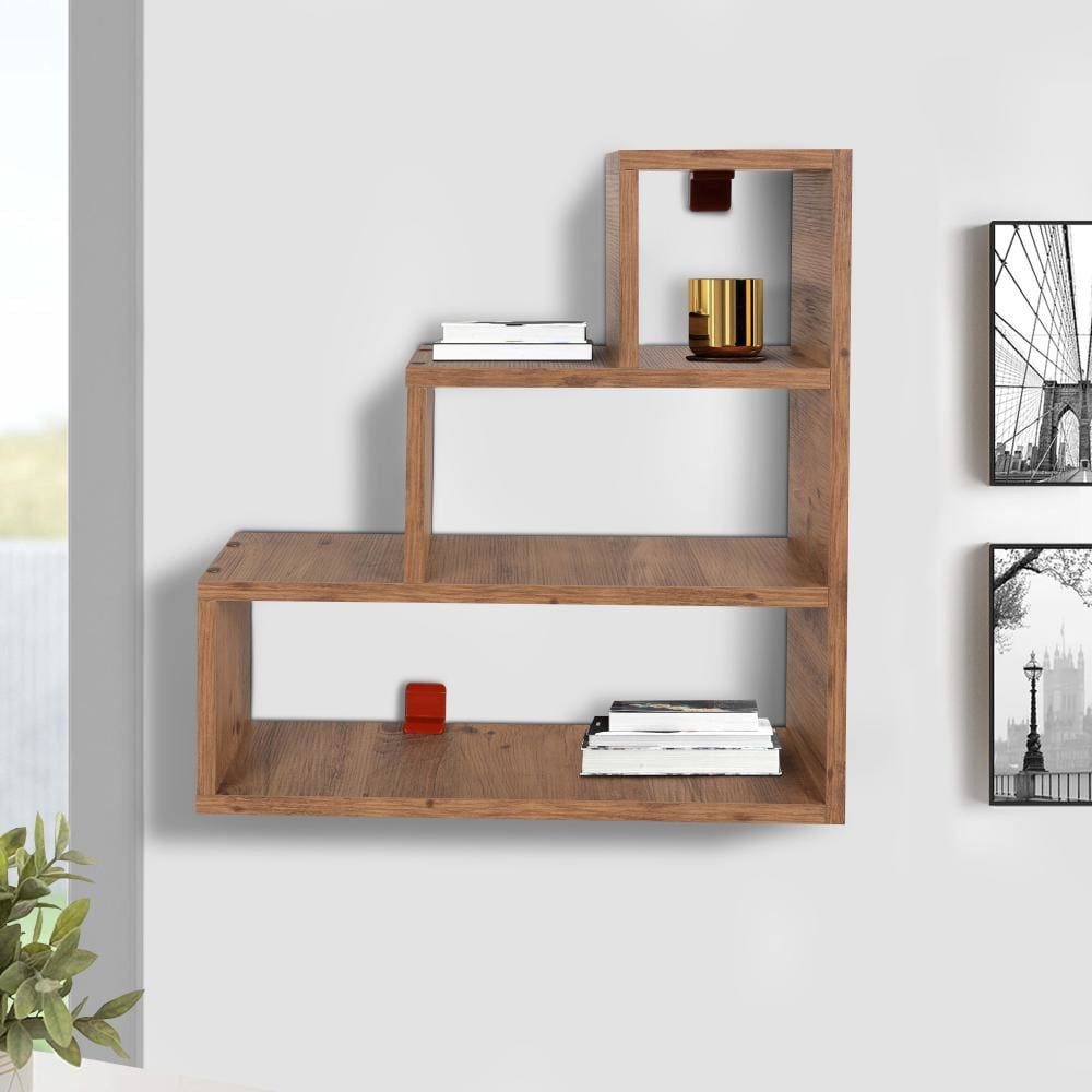24 Inch Farmhouse Style 3 Tier Wood Floating Wall Mount Shelf with Staggered Design, Natural Brown By The Urban Port
