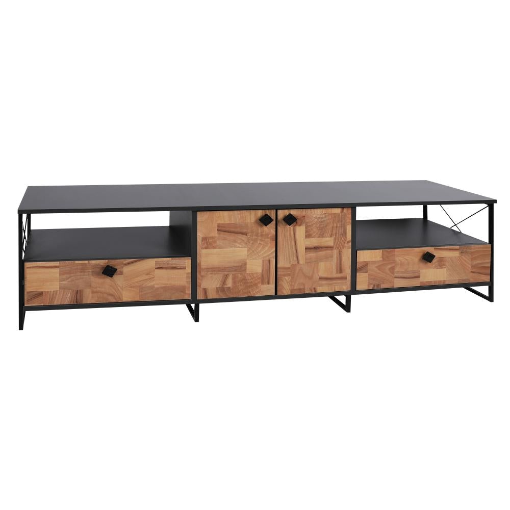 71 Inch Industrial Wooden TV Stand Media Entertainment Center 4 Doors 2 Open Compartments Metal Frame Brown Black By The Urban Port 