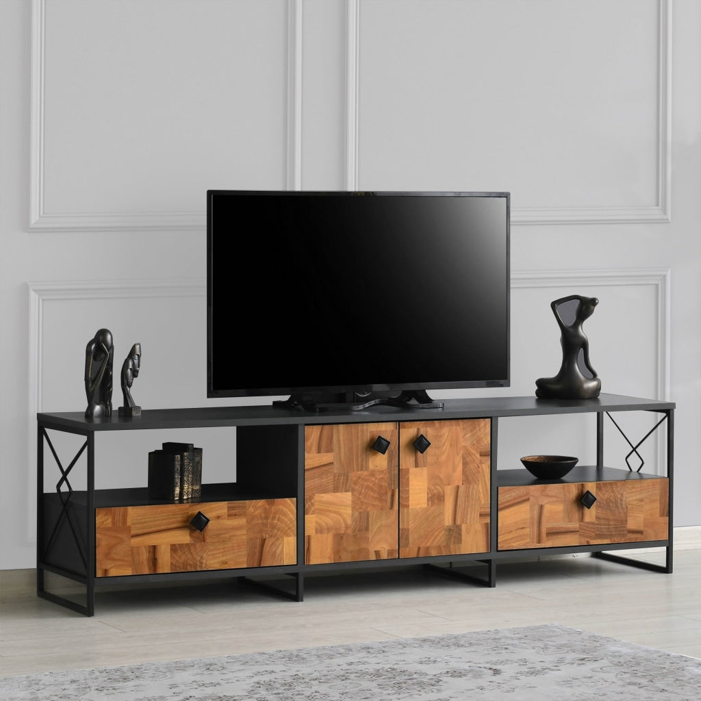 71 Inch Industrial Wooden TV Stand Media Entertainment Center, 4 Doors, 2 Open Compartments, Metal Frame, Brown, Black By The Urban Port