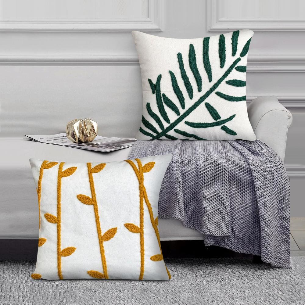 17 x 17 Inch Square Cotton Accent Throw Pillows, Leaf Embroidery, Set of 2, White, Green, Yellow By The Urban Port