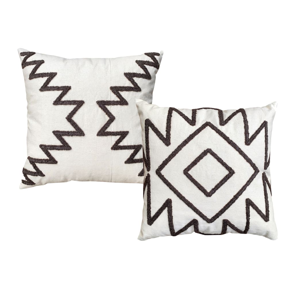 17 x 17 Inch 2 Piece Square Cotton Accent Throw Pillow Set with Modern Geometric Aztec Design Embroidery, White, Gray By The Urban Port